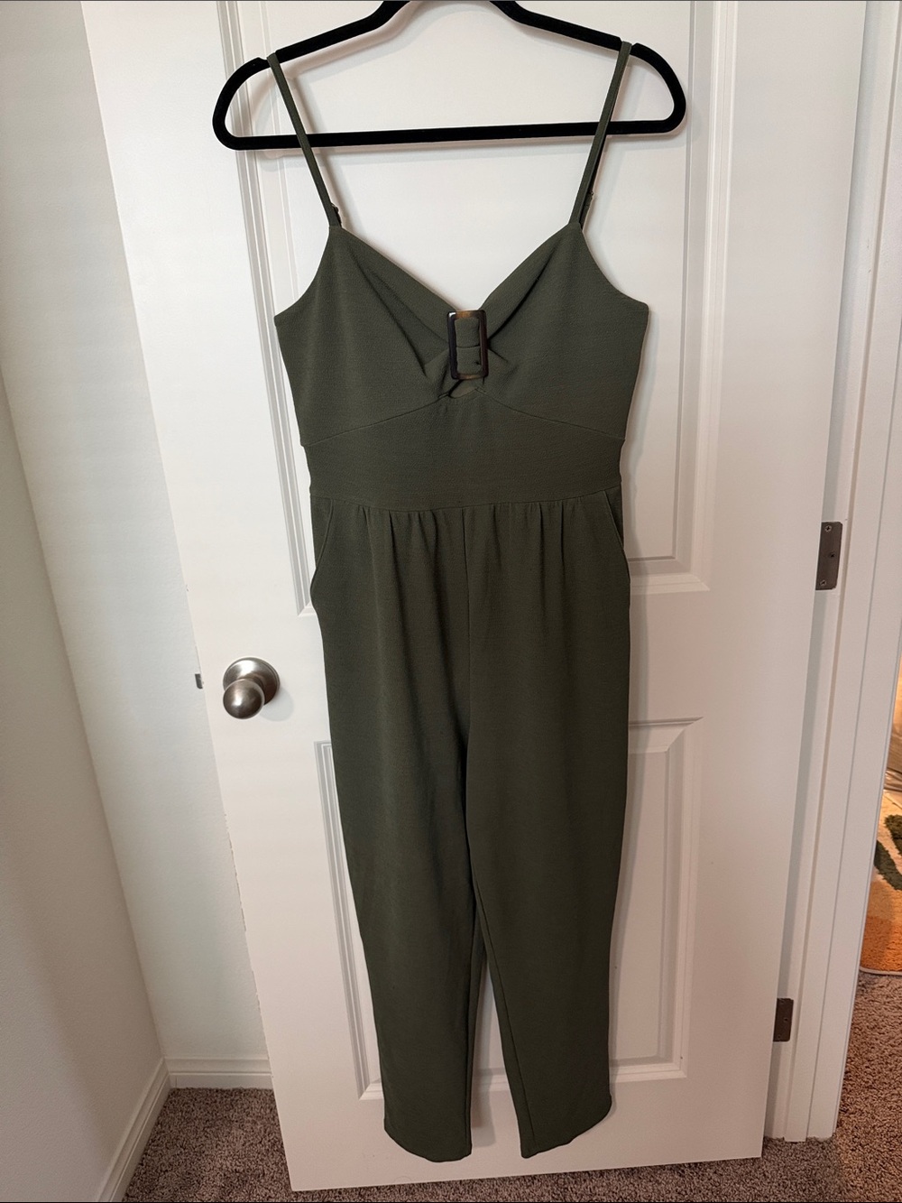 Express Olive Green Spaghetti Strap Jumpsuit with Front Buckle